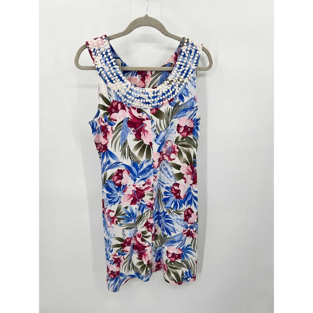 Tommy Bahama Tropical Floral Hibiscus Sleeveless Shift Tank Dress Pink Blue M - Picture 3 of 8